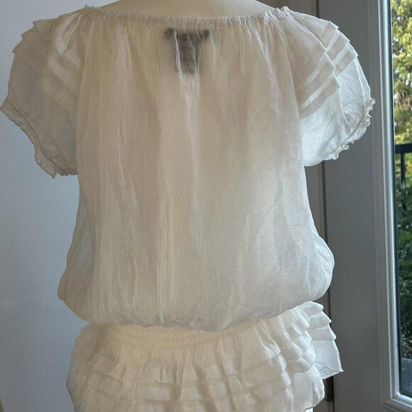 Sheer Ruffle White Peasant Blouse with Beaded Lace Applique - Smocked Hem – US M - Picture 8 of 9